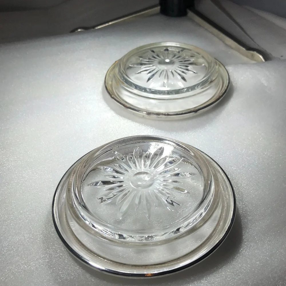 VINTAGE CROWN STERLING & CRYSTAL SUNBURST COASTERS OR ASHTRAYS - SET OF 2